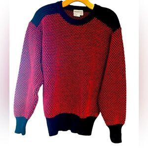 Obermeyer Sz L Red Black Chunky Knit Ski Winter Wool Retro Vintage Crew Sweater